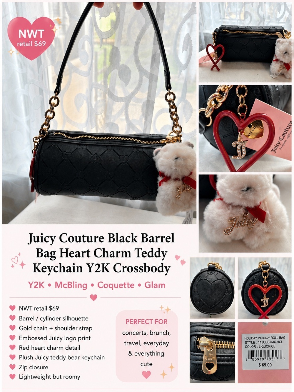 Juicy Couture Black Barrel Bag Heart Charm Teddy Keychain Y2K Crossbody NWT
